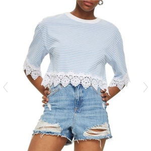 TOPSHOP Blue and White Striped Lace Hem Crop Top